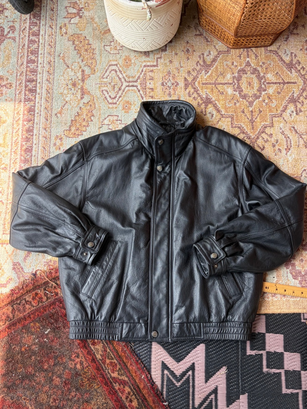 Vintage 90s Members Only Genuine Leather Black Bomber Jacket Size Large Mens
